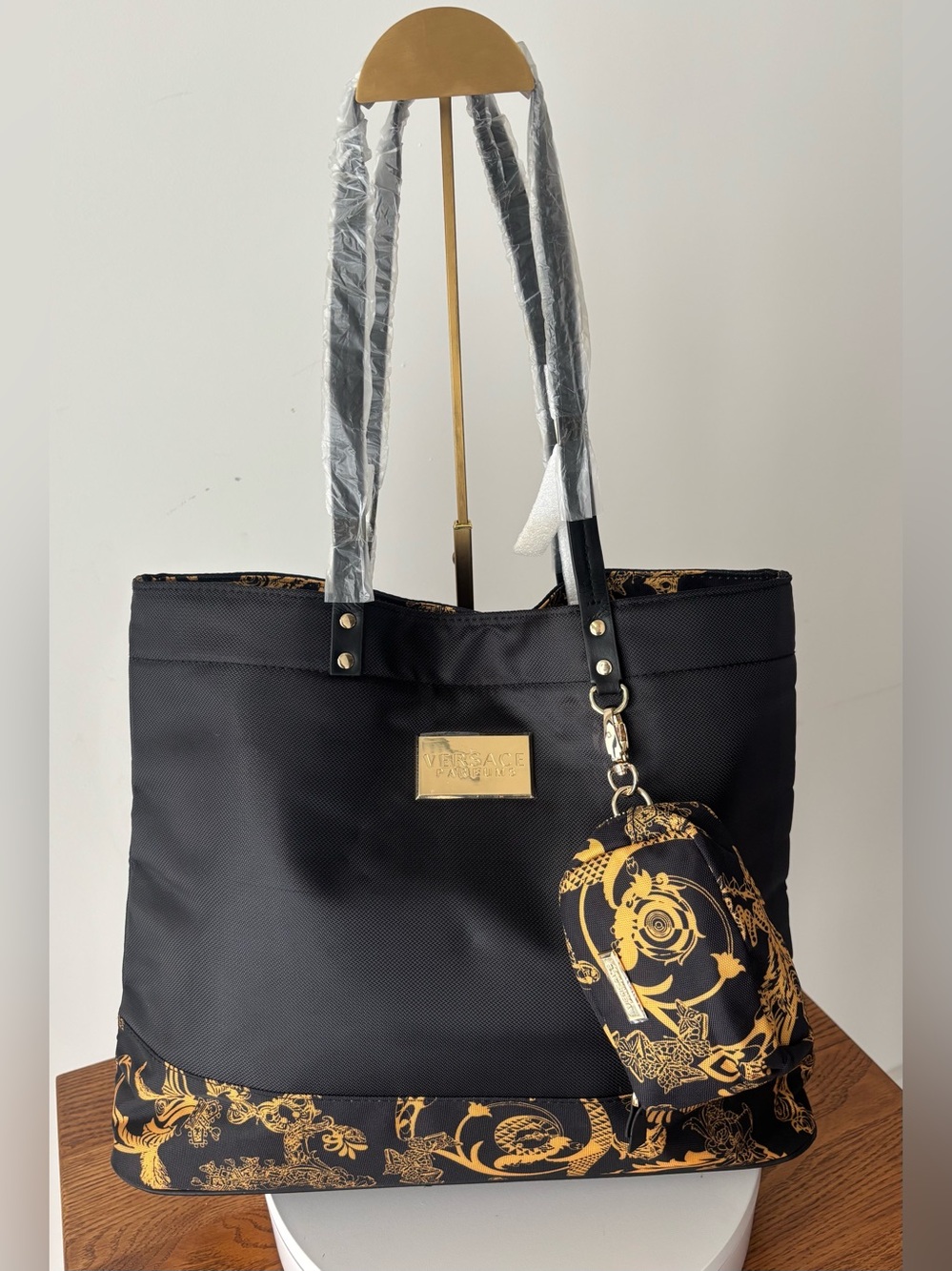 Versace Parfume Collection Black and Gold Baroque Tote with Pouch